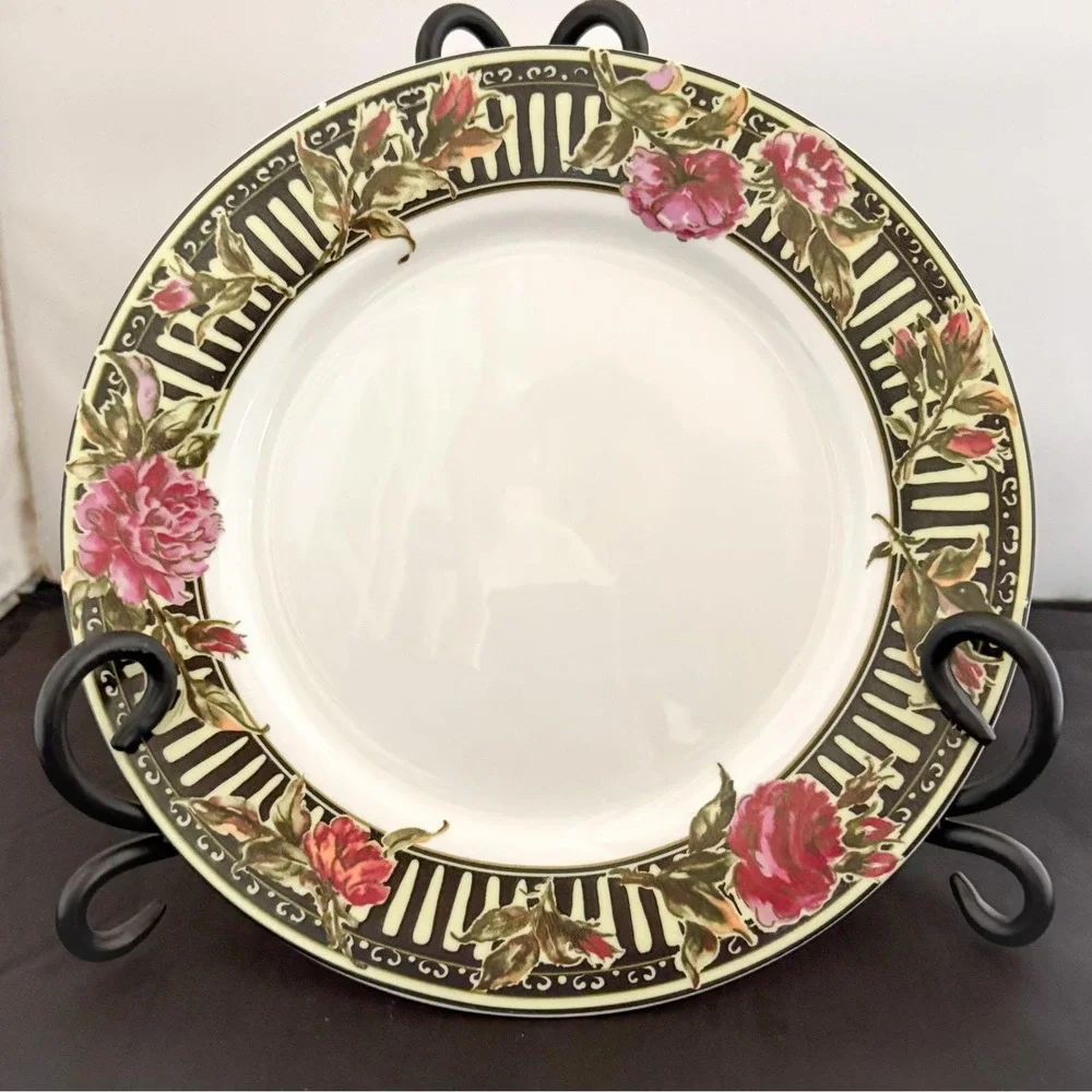 Gibson China Rose Floral Soup Bowls 4 & Dessert Plates 3 Black White Striped